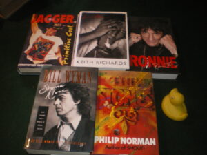 Rolling Stones: Biographies - Life by Keith Richards; Mick Jagger: Primitive Cool by Christopher Sanford; Ronnie by Ronnie Wood;  Bill Wyman: Stone Alone The Story Of A Rock And Roll Band by Bill Wyman; The Stones by Philip Norman  Price is per book