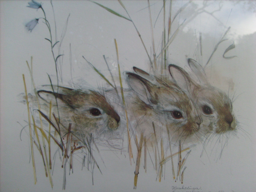 Signed print entitled "Harekelinger" (European hares or rabbits), by the world renowned Danish artist, Mads Mood Stage - Image 4